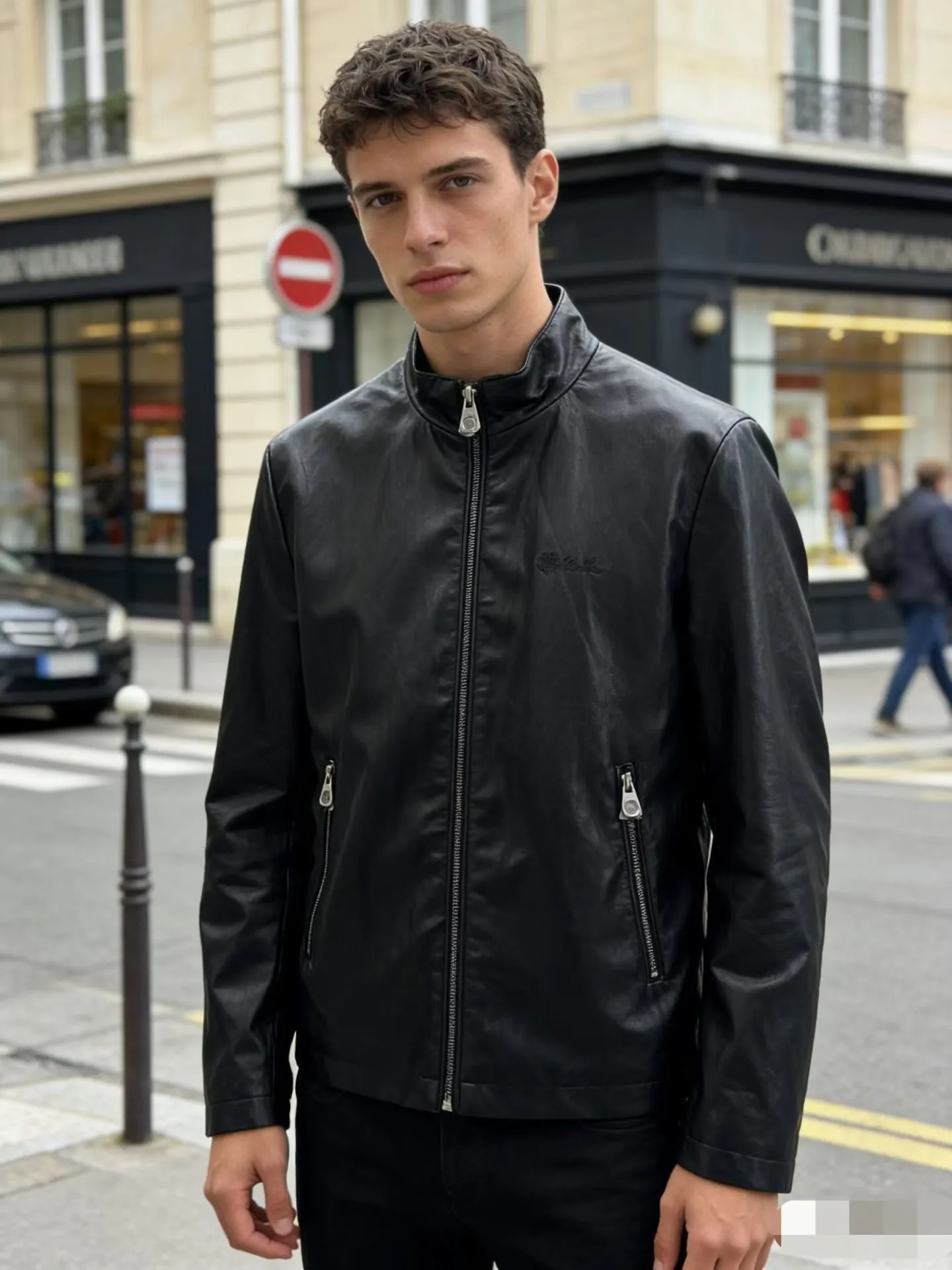 Upper body material picture LORO PIANA 26FW LP Noran Piana embroidered zipper lapel leather jacket (black)